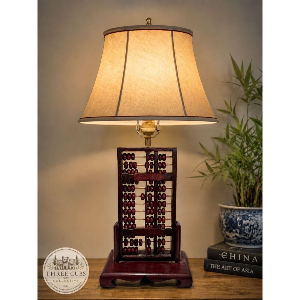 Vintage Mid Century Chinese Rosewood Abacus Table Lamp Works Original Fittings